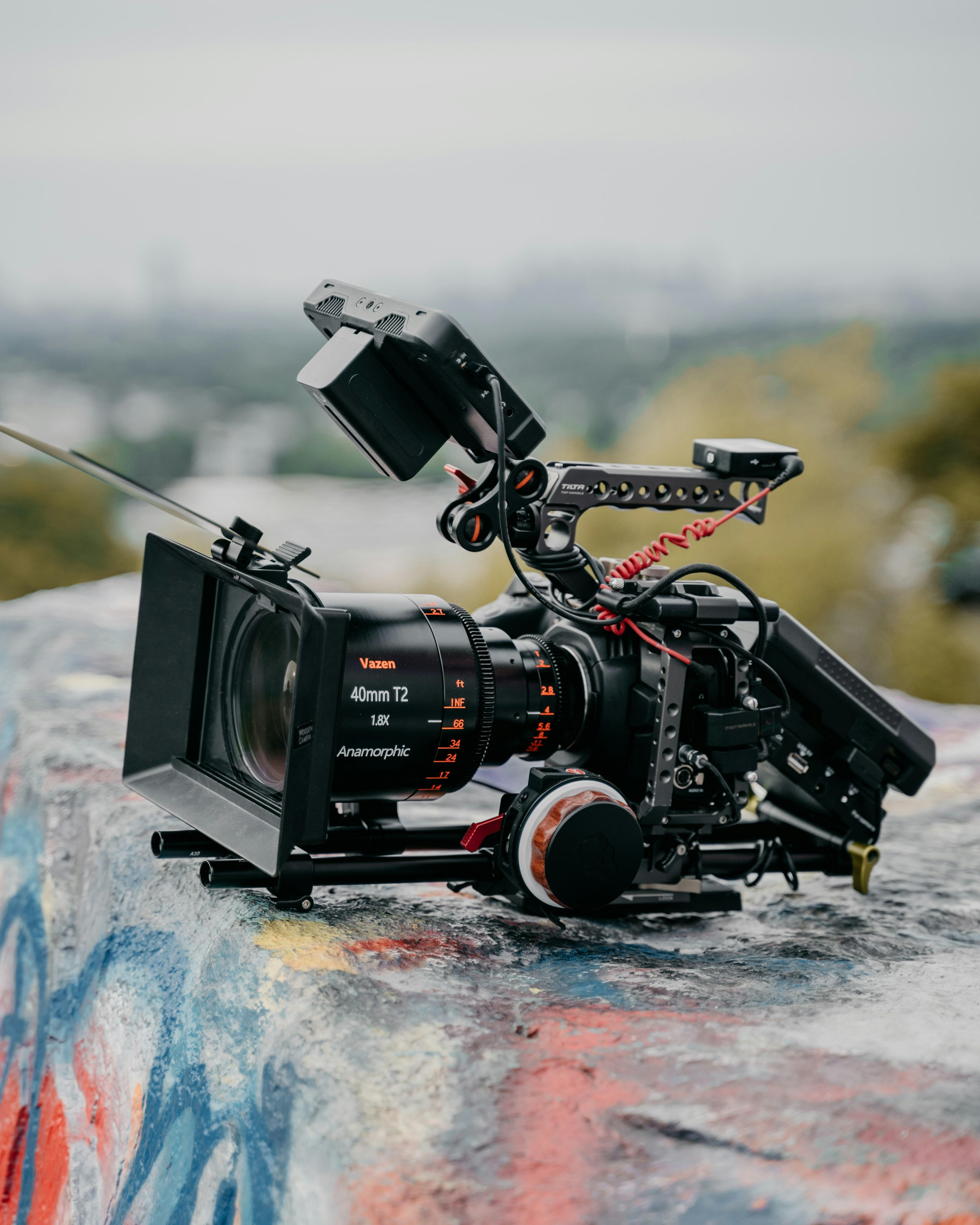Professional cinema camera with anamorphic lens