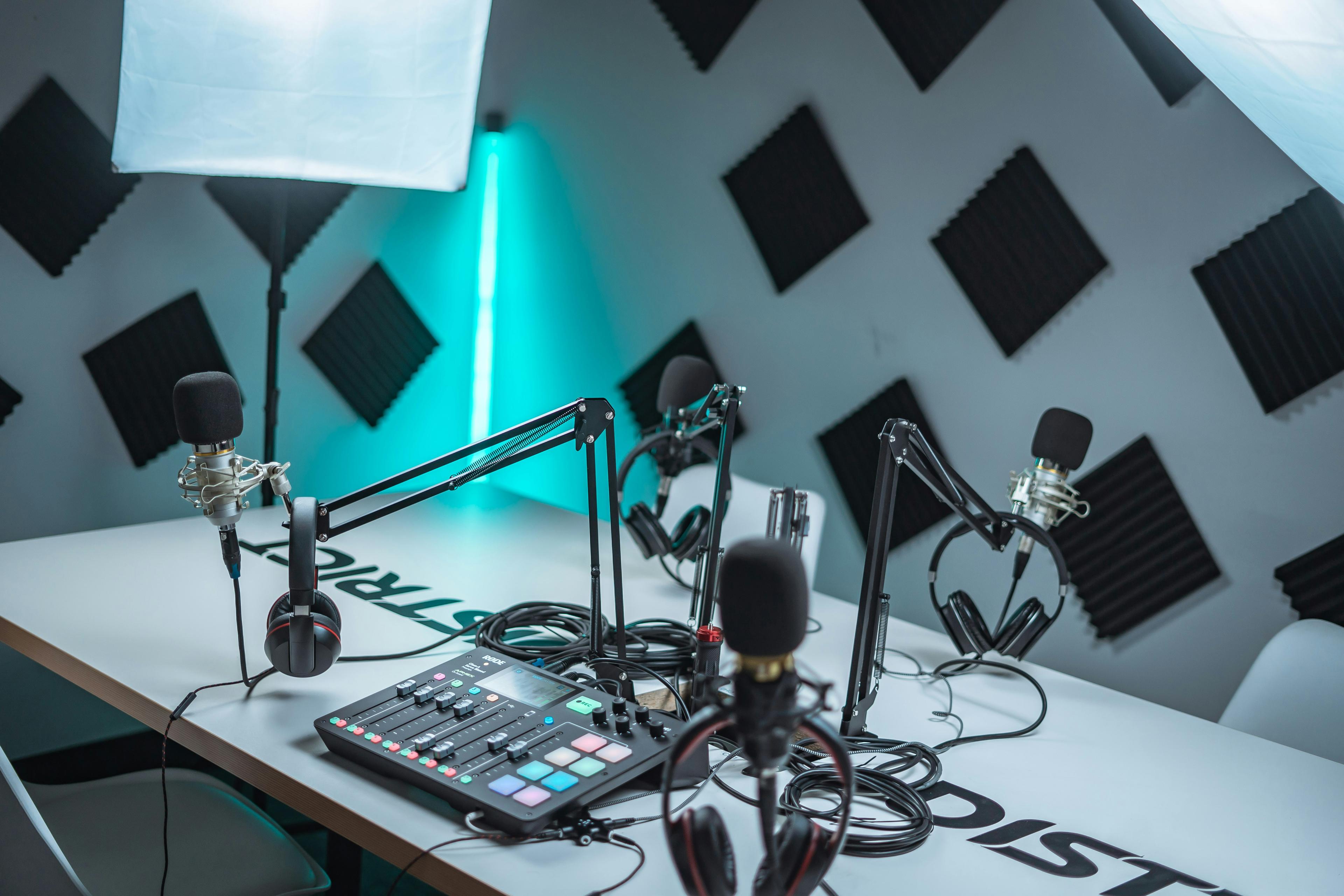 Audio podcast recording studio with microphone and headphones