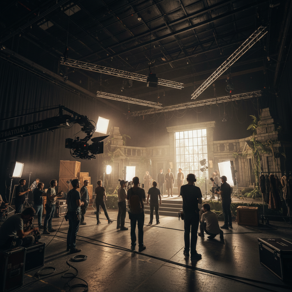 Film production crew working on a cinematic set with cameras and lighting
