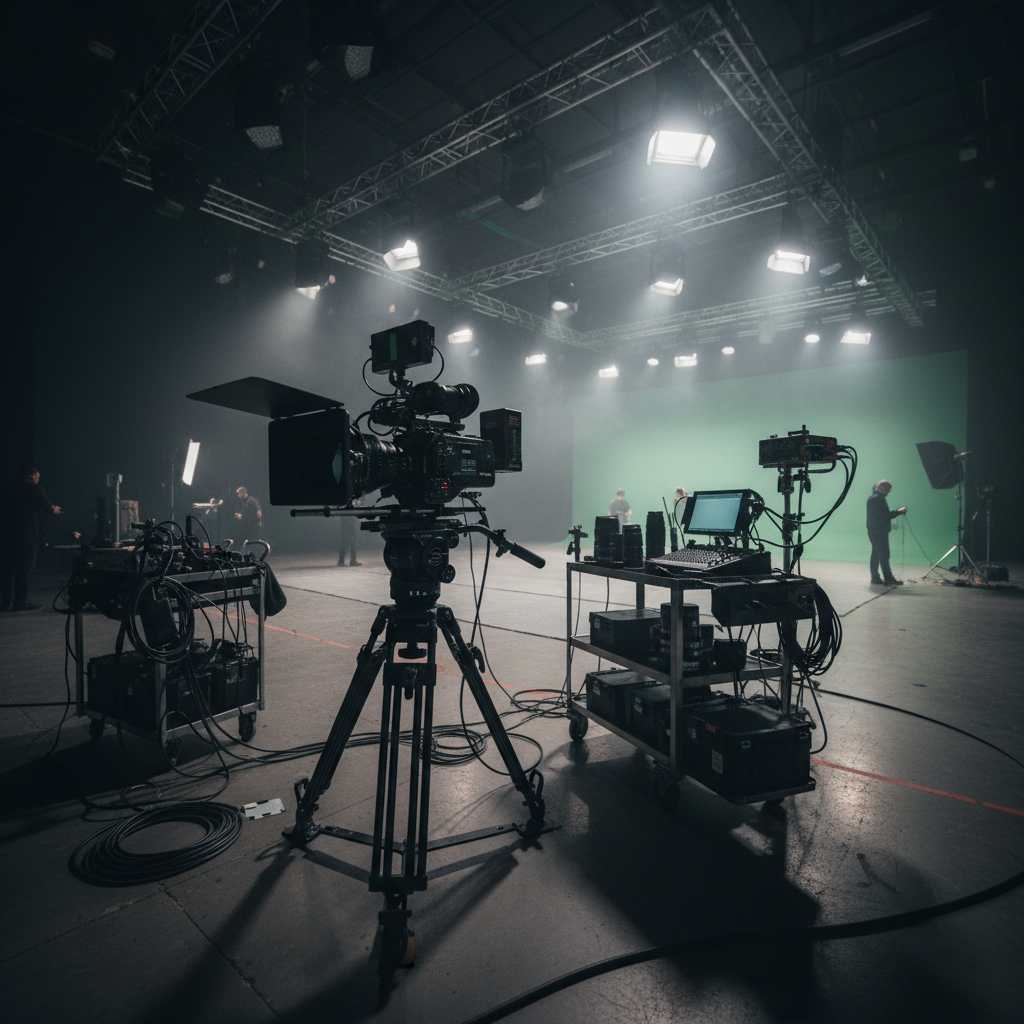 Cinematic film production set with professional camera equipment and dramatic lighting