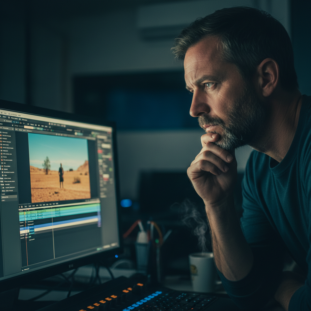 Film director reviewing footage on a cinema monitor during production