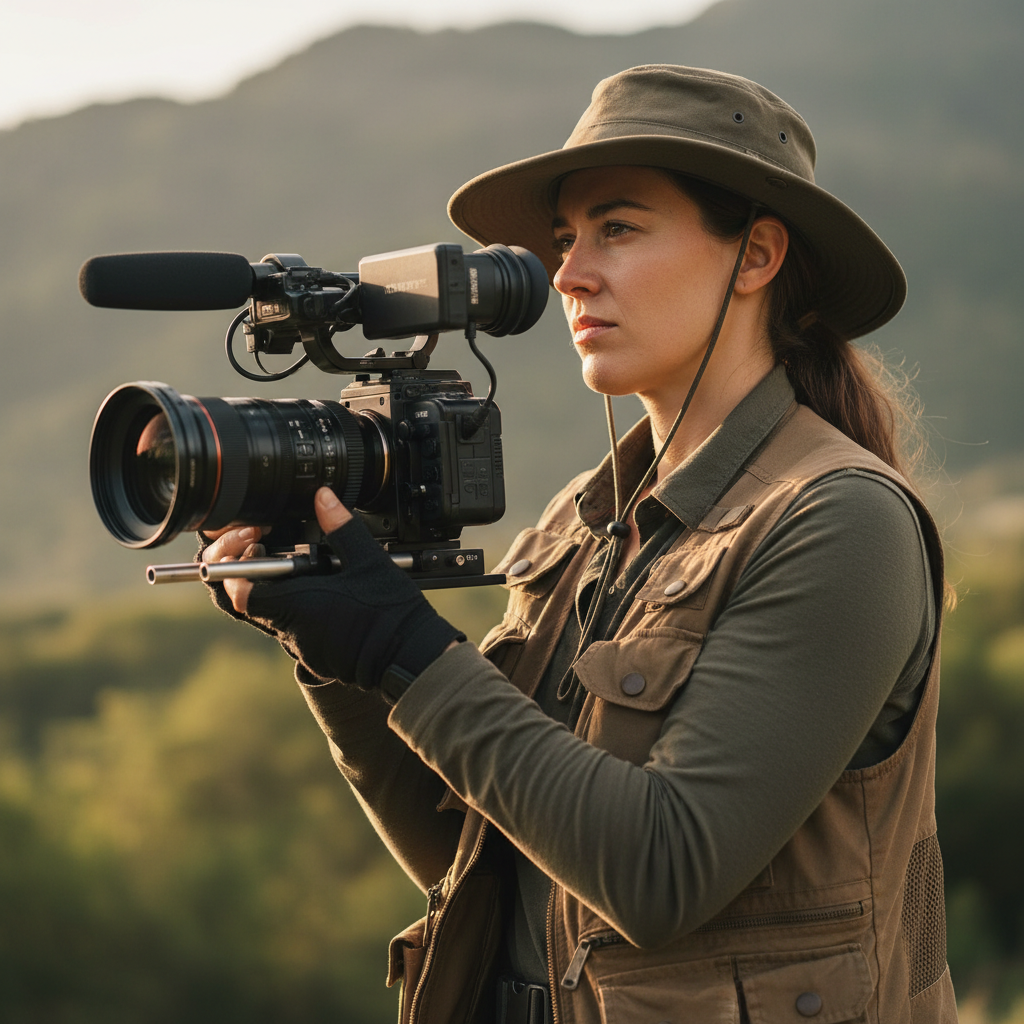Documentary filmmaker with camera in natural setting